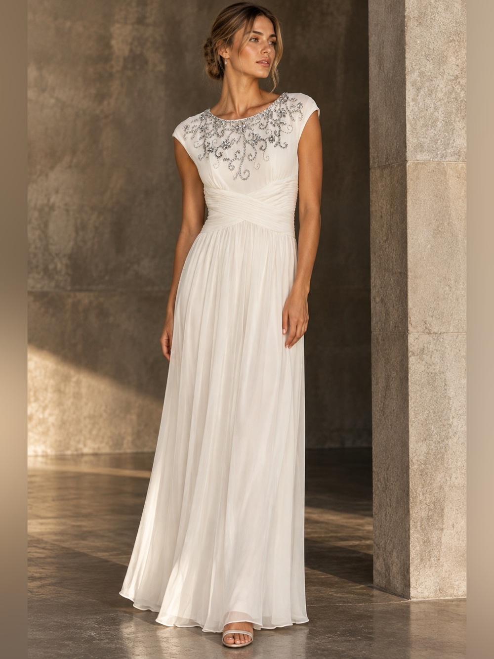 Alex Evenings Ivory Beaded Ruched Chiffon Evening Gown Size 10 NWT